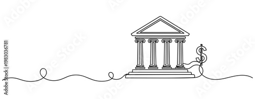 Continuous line drawing of a bank building with dollar symbol. No editable stroke