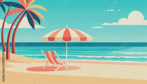 A retro beach scene.Flat design vector illustration.



