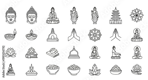 Collection of Buddhist symbols and icons including Buddha, stupa, lotus, and prayers