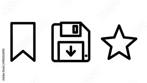 Collection of basic UI interface icons including bookmark save star symbols with bookmark interface download favorite document navigation management computer application software function