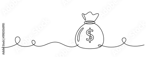 Continuous line drawing of money bag with dollar symbol on white background. No editable stroke