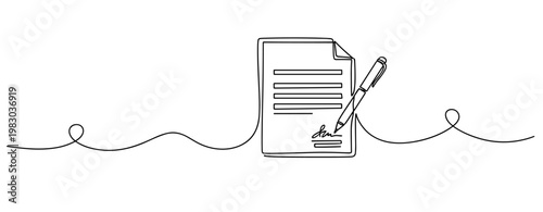 Continuous line drawing of signed document with pen on white background. No editable stroke