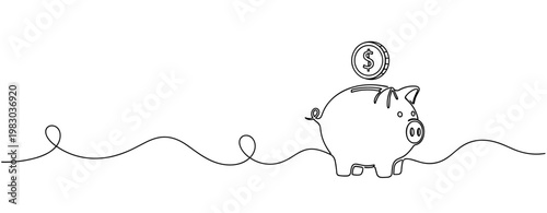 Minimalist piggy bank with coin line art on white background. No editable stroke