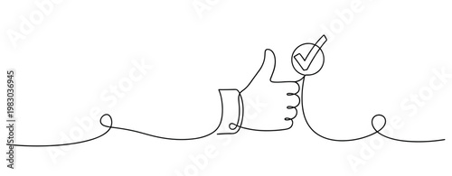 Continuous line art: thumbs up and check mark symbolizing approval. No editable stroke