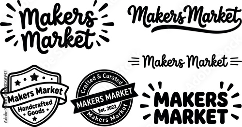 Black and white makers market lettering set with badges and script styles