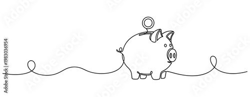 Continuous line drawing of piggy bank with long cord on white background. No editable stroke
