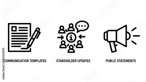 Communication templates and stakeholder updates icon set with communication templates stakeholder statements information business megaphone notification announcement document management