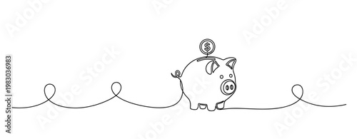 Minimalist piggy bank line art with coin on white background. No editable stroke