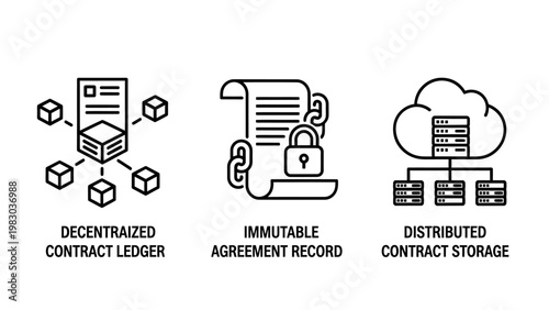 Blockchain and distributed contract technology icon set with blockchain decentralized contract immutable agreement distributed technology security cryptography database infrastructure
