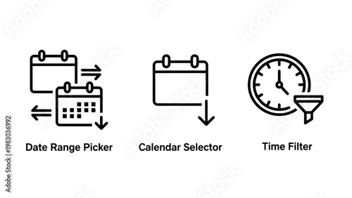 Time management and calendar filtering vector icon set with calendar selector management schedule planning deadline organizer tracking productivity software interface business application