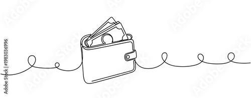 Continuous line drawing of wallet with cash on white background. No editable stroke