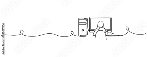 Continuous line drawing of female working at computer desk. No editable stroke