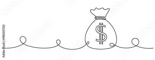 Continuous line drawing of money bag with dollar sign symbolizing financial concept. No editable stroke