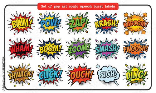 Collection of Vibrant Pop Art Action Word Speech Bubbles for Dynamic Designs