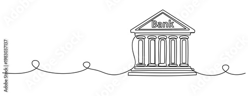 Continuous line drawing of a bank building with columns and a triangle roof. No editable stroke