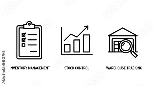 Inventory management and warehouse tracking icons with inventory management warehouse tracking logistics business clipboard shipping distribution analysis reporting operations fulfillment