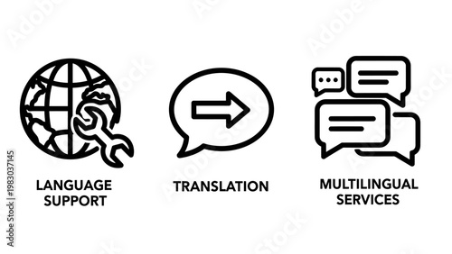 Set of business icons for language support translation and multilingual services with language translation multilingual services communication business technical interpretation internet