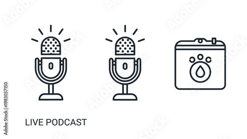 Live podcast icons set including microphone and pet care graphics with microphone veterinary recording broadcast communication streaming isolated equipment production internet entertainment