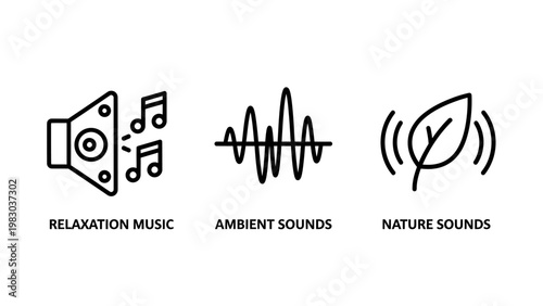 Relaxation music and ambient nature sounds audio icons with relaxation meditation wellness frequency vibration environment acoustic lifestyle tranquility mindfulness entertainment patterns