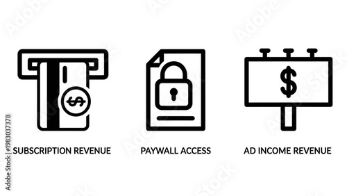 Subscription and revenue model business icons with subscription advertising billboard business commerce membership marketing monetization transaction management strategy monochrome