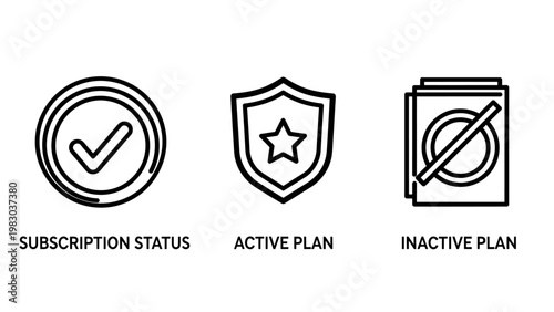 Subscription plan status and management icons with subscription inactive security membership verification management business interface validation protection standard agreement dashboard