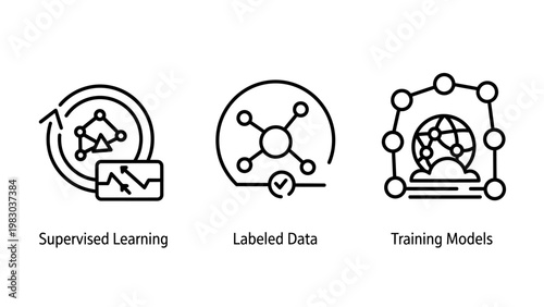 Artificial intelligence machine learning icons set with learning artificial intelligence supervised training algorithm automation information database analytics computer innovation