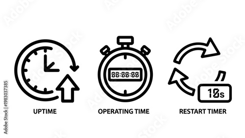 Set of server uptime and system restart timer line icons with operating management technical monitoring performance maintenance interface application software infrastructure analysis