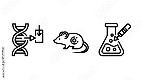 Genetic research and laboratory science experiment outline icons with genetics laboratory experiment research chemistry genomics molecule innovation discovery pharmaceutical biotechnology