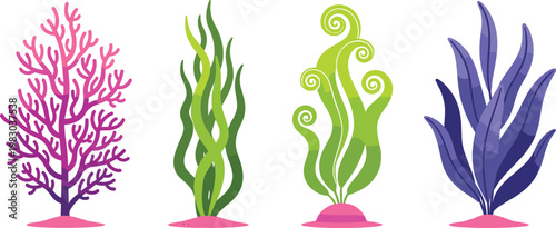 Colorful underwater sea plants and coral vector illustration set with marine algae and reef vegetation isolated ocean nature design