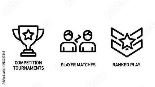 Esports competition and ranked gaming performance icons set with competition tournament matchmaking videogame competitive achievement championship challenge performance progression