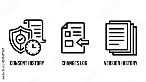 Data governance and document history tracking icons set with document protection security tracking management compliance revision interface business technology information verified