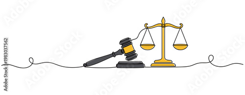 Gavel and scales resting together indicating justice on single line. no editable stroke