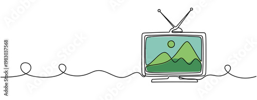Television displaying landscape scene on continuous line background. no editable stroke