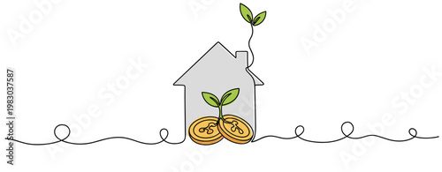 House with coin seedlings growing representing property investment. no editable stroke