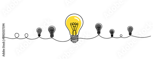 Central illuminated light bulb among unlit bulbs on white background. no editable stroke