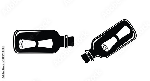 Two glass bottles with scrolls a striking silhouette on transparent background