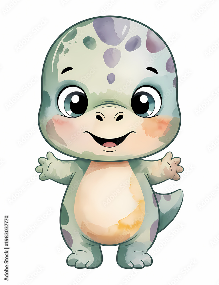 Fototapeta premium Cute Baby Dinosaur Character in Watercolor Style Isolated on White Background
