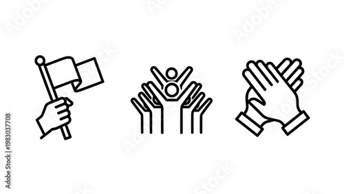 Achievement leadership and celebration icons set featuring hand with flag team unity and applause achievement leadership celebration applause community collaboration progress cooperation