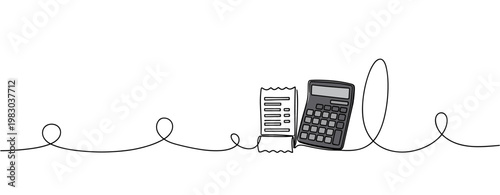 Calculator and receipt resting on continuous line background. no editable stroke