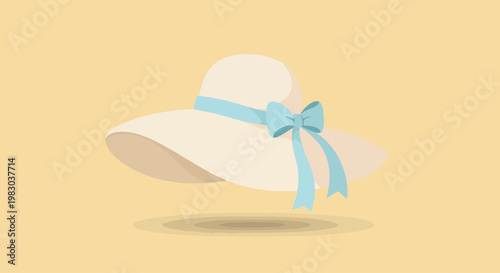 Minimalist flat vector summer hat illustration features elegant wide brim accessory with ribbon on soft background