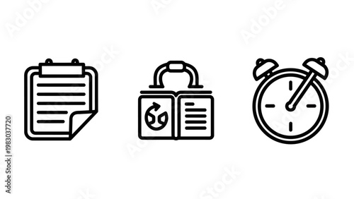 Set of three outline icons representing task management business organization and time planning concepts with checklist calendar schedule business organization planning management deadline