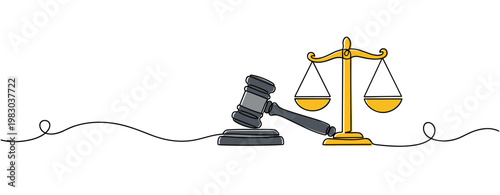 Gavel and scales representing justice on continuous line. no editable stroke