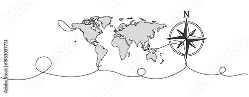 World map with compass rose on continuous line composition. no editable stroke