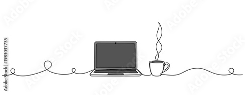 Laptop beside steaming coffee cup on white line background. no editable stroke