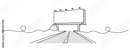 Road leading to empty billboard in perspective on white background. no editable stroke