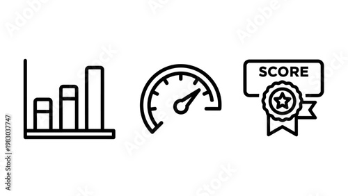 Three outline icons representing business performance charts speed measurement and reward score achievement with business performance analysis statistics measurement achievement progress