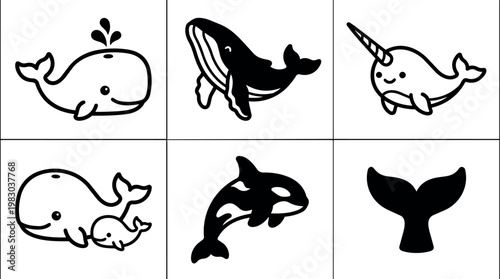 Black and white cute whale family and ocean animals vector art set