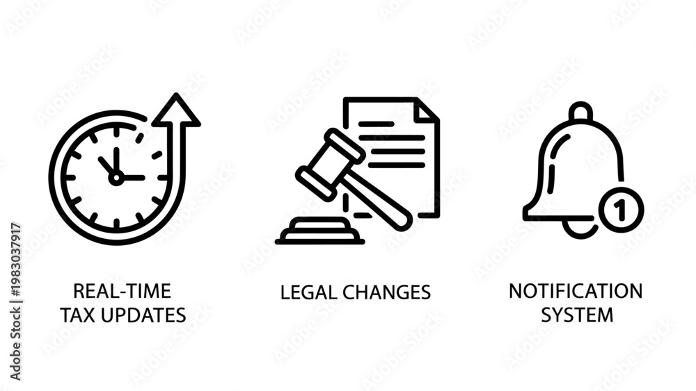 Fototapeta premium Set of legal compliance and notification system icons representing real-time tax updates legal changes and alerts with notification document compliance regulation financial business government