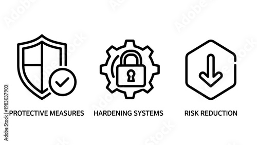 Set of cybersecurity protection and risk management icons with protection security checkmark reduction hardening prevention mitigation authentication encryption software information