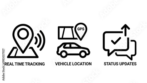 Set of fleet management and location tracking icons featuring real-time tracking vehicle location and status updates tracking location management logistics navigation transportation delivery
